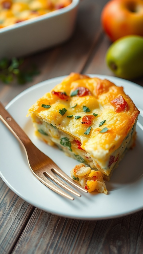 A slice of savory egg bake casserole with vegetables and cheese on a white plate, garnished with herbs.